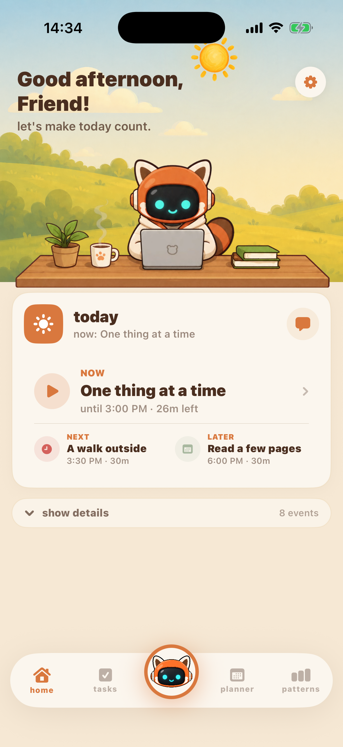 Auno working alongside you on the app’s home screen, with today’s plan
